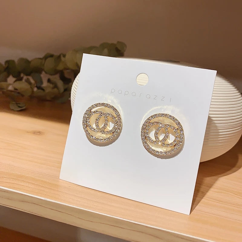 Zelvyn Glam Circle Stud Earrings – Gold & Crystal Accents
