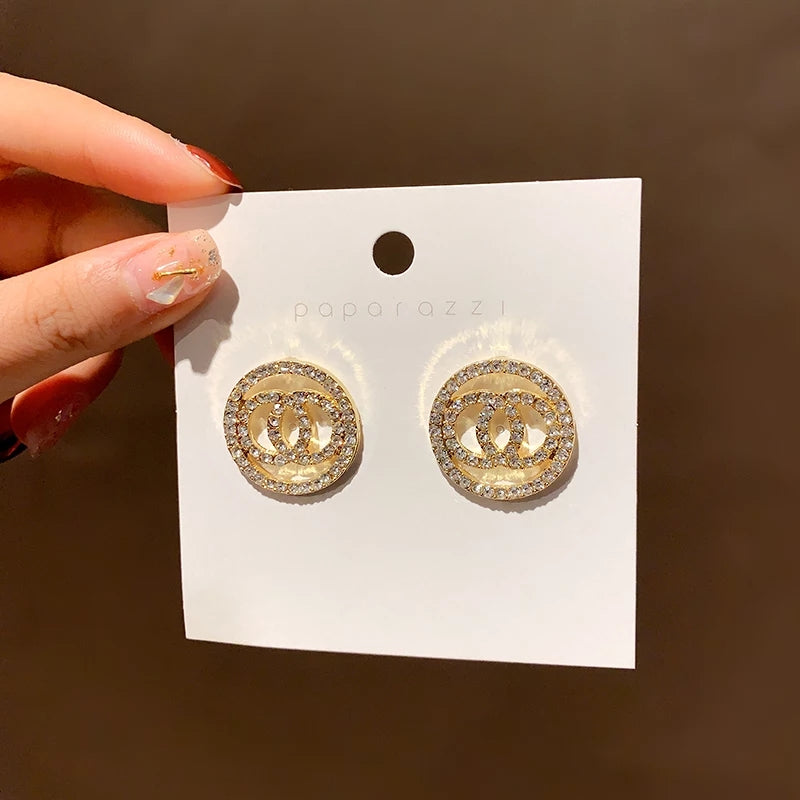 Zelvyn Glam Circle Stud Earrings – Gold & Crystal Accents