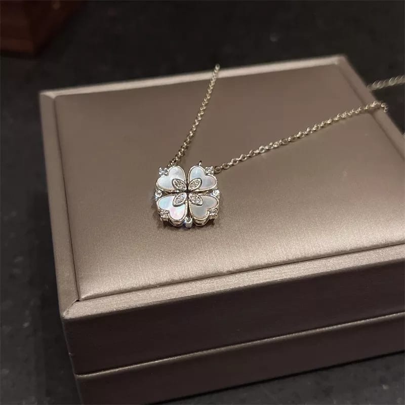 Elegant Four-Leaf Clover Pendant Necklace – Sterling Silver & Pearl Finish | ZELVYN