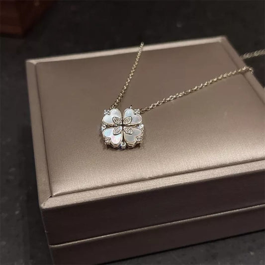Elegant Four-Leaf Clover Pendant Necklace – Sterling Silver & Pearl Finish | ZELVYN