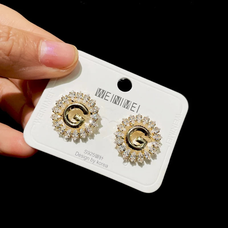 Crystal-Embellished Gold Initial 'G' Monogram Stud Earrings – Zelvyn