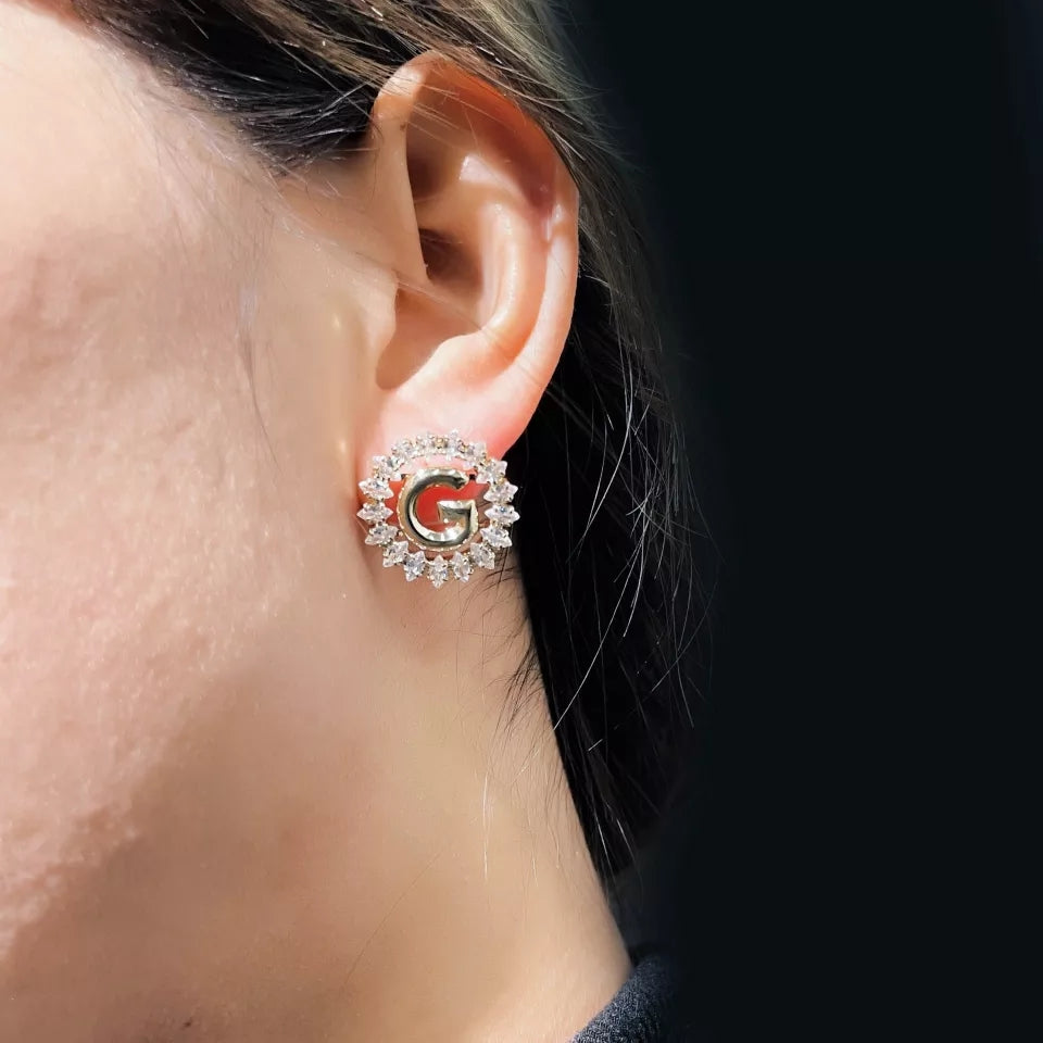Crystal-Embellished Gold Initial 'G' Monogram Stud Earrings – Zelvyn