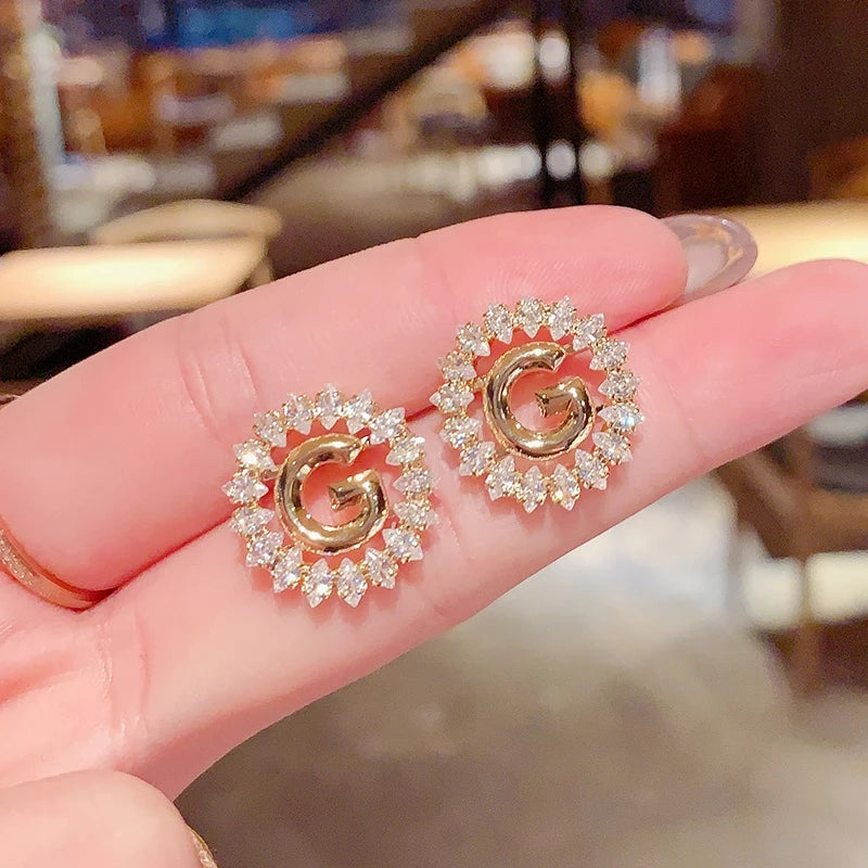 Crystal-Embellished Gold Initial 'G' Monogram Stud Earrings – Zelvyn