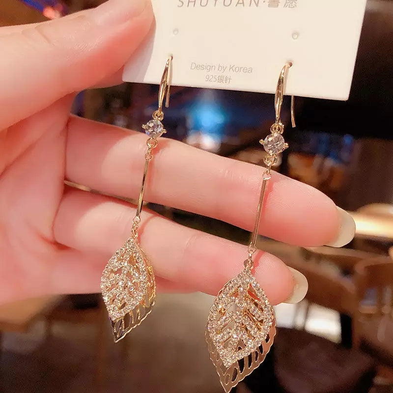 Gold Leaf Drop Dangle Earrings with Crystals – Zelvyn