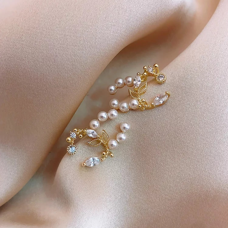Leafy Pearl & Crystal Ear Climber Cuff Earrings – Zelvyn