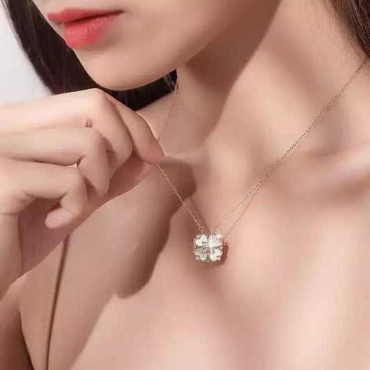 Elegant Four-Leaf Clover Pendant Necklace – Sterling Silver & Pearl Finish | ZELVYN