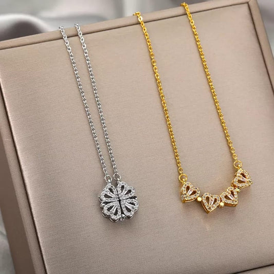 Elegant Clover & Heart Pendant Necklace Set – Gold & Silver with Sparkling Crystal Accents | Perfect Gift for Women by ZELVYN