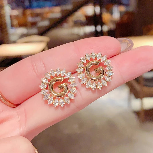 Crystal-Embellished Gold Initial 'G' Monogram Stud Earrings – Zelvyn