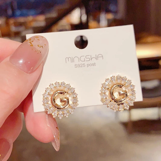 Crystal-Embellished Gold Initial 'G' Monogram Stud Earrings – Zelvyn