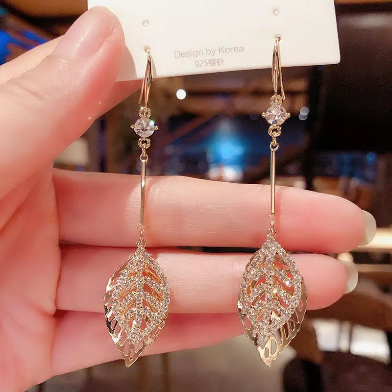 Gold Leaf Drop Dangle Earrings with Crystals – Zelvyn