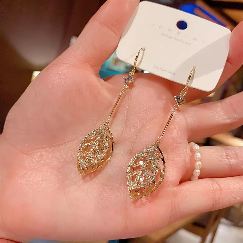 Gold Leaf Drop Dangle Earrings with Crystals – Zelvyn
