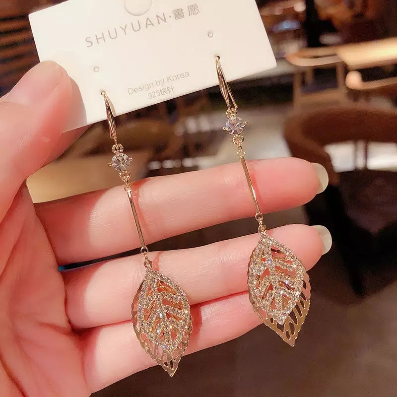 Gold Leaf Drop Dangle Earrings with Crystals – Zelvyn