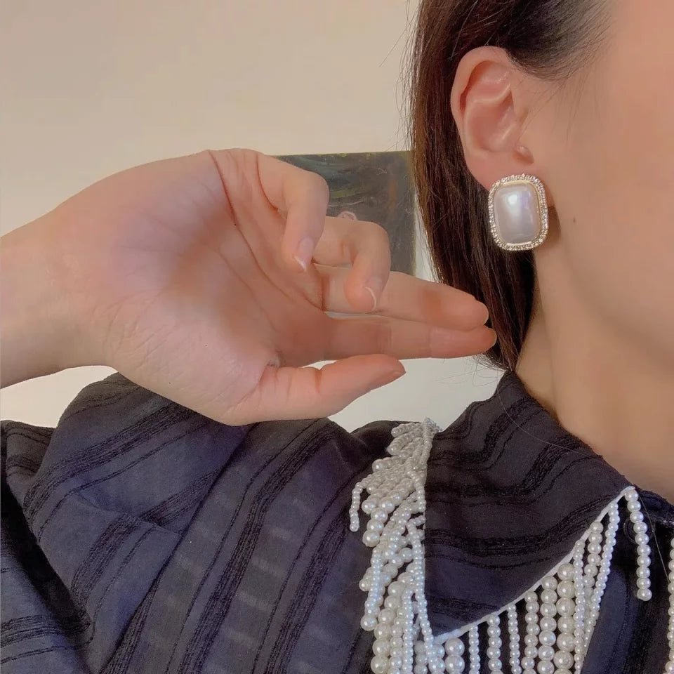 Vintage-Inspired Pearl Embellished Rectangle Stud Earrings – Zelvyn