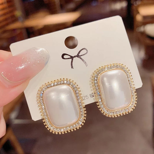 Vintage-Inspired Pearl Embellished Rectangle Stud Earrings – Zelvyn