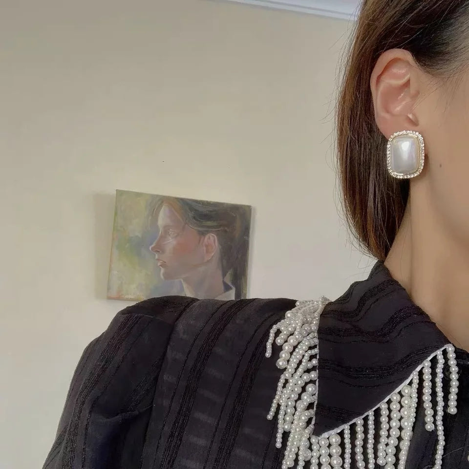 Vintage-Inspired Pearl Embellished Rectangle Stud Earrings – Zelvyn